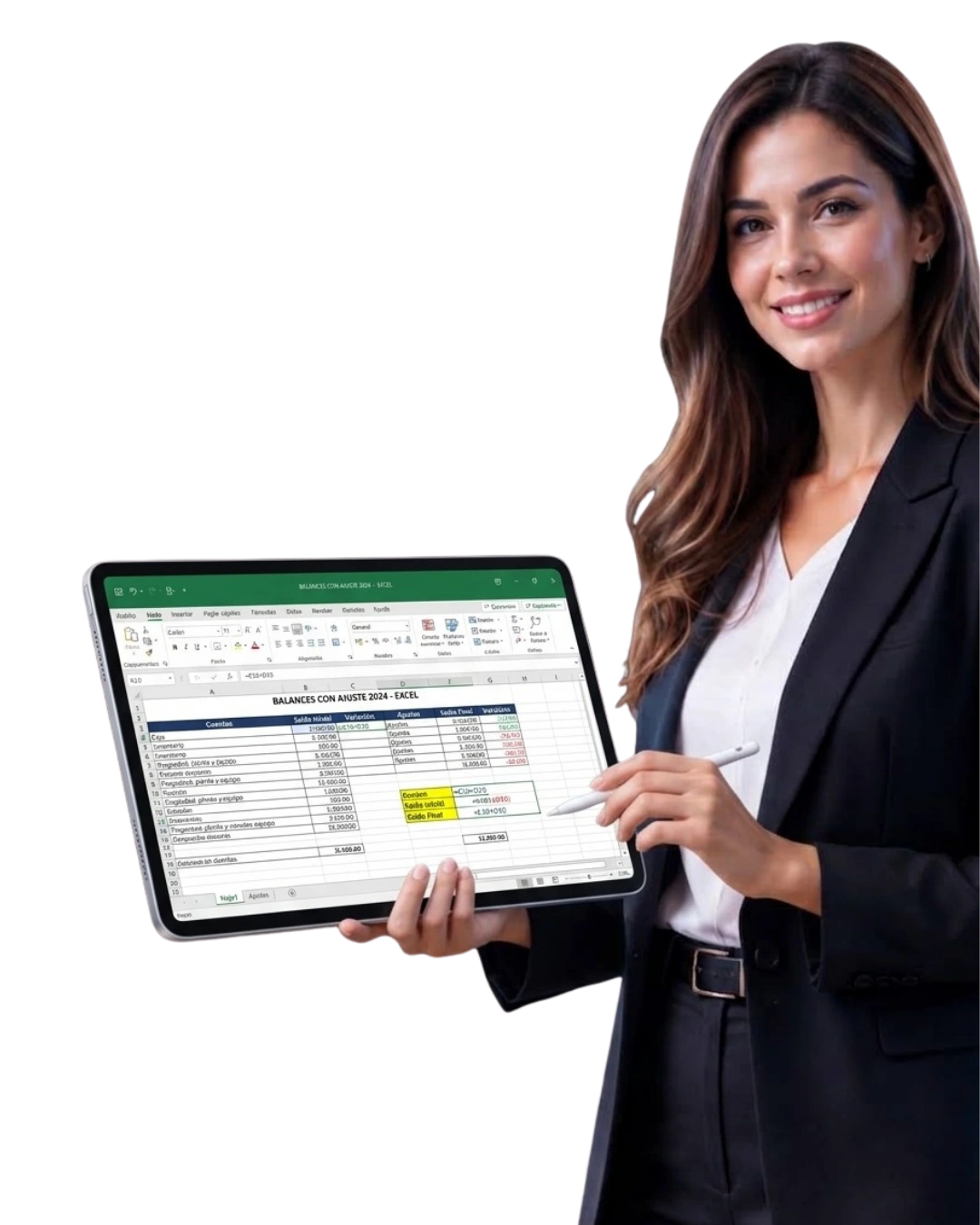 Profesional contable mostrando en una tablet un balance con ajustes armado en Excel